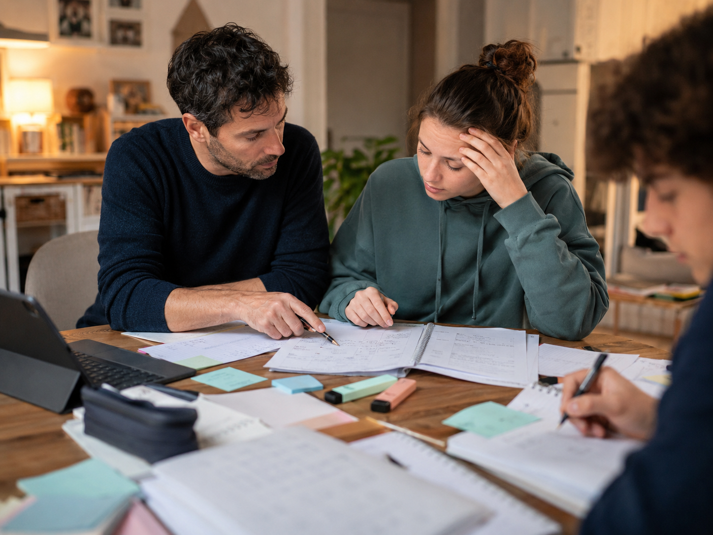 Eltern und Jugendlicher besprechen eine Lernsituation am Tisch