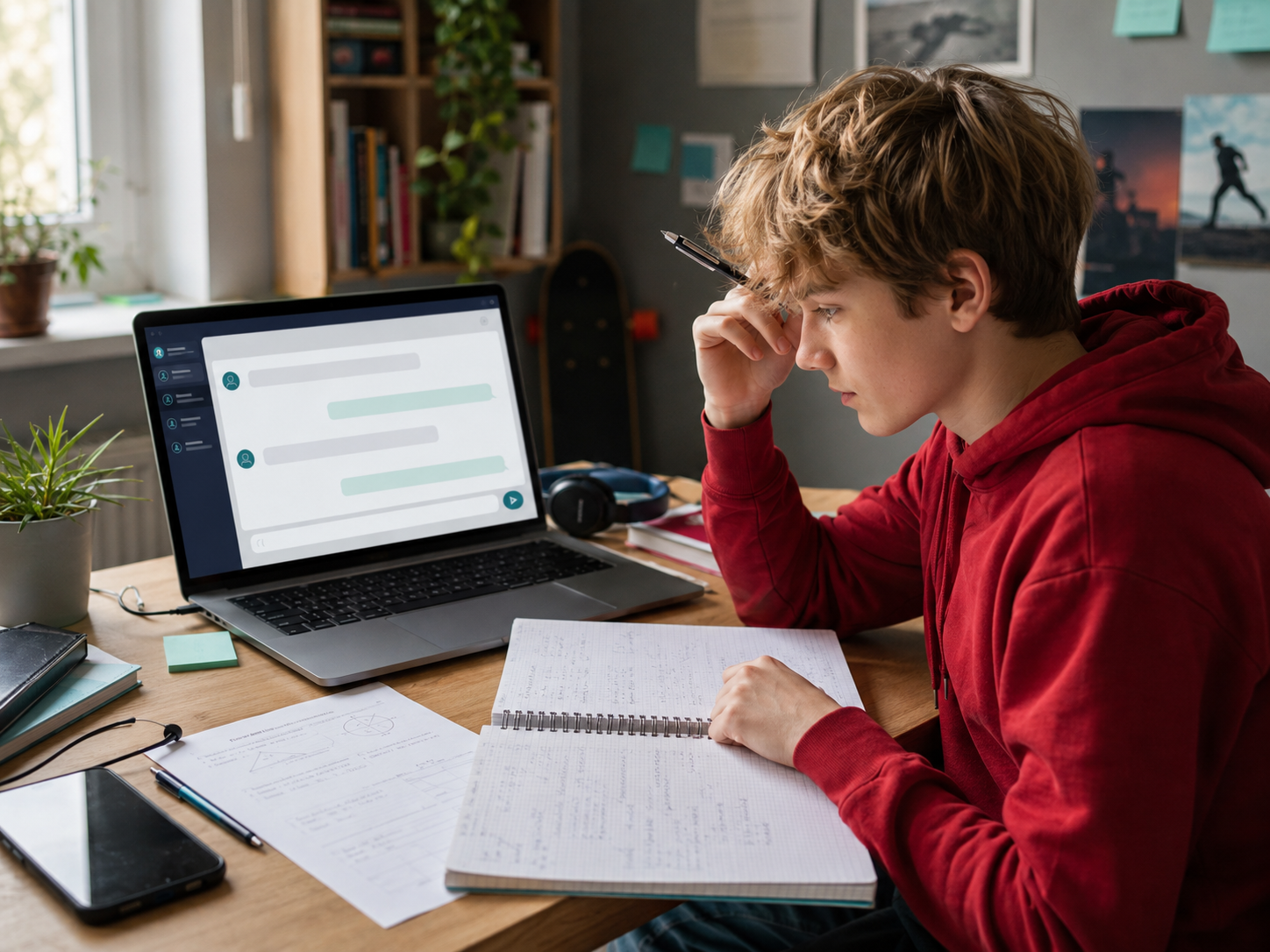 Schüler vor einer KI-Chatoberfläche mit Heft und Lernmaterialien