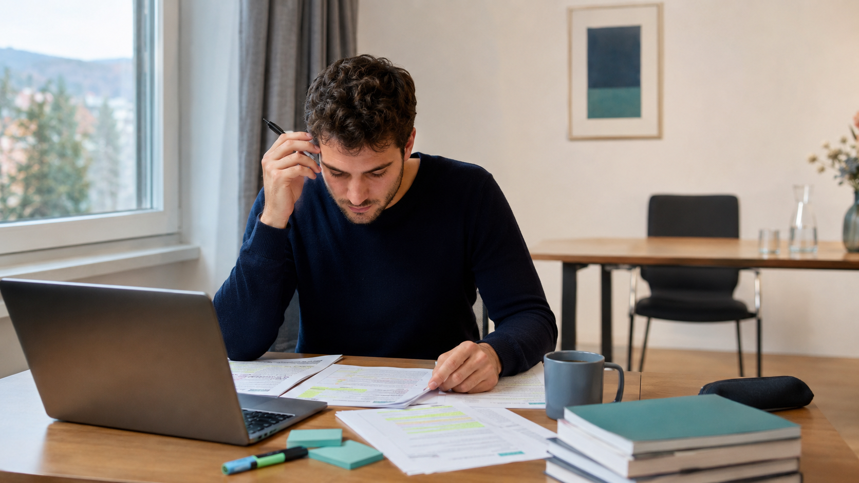 Erwachsener Studierender bereitet sich konzentriert auf eine Prüfung vor