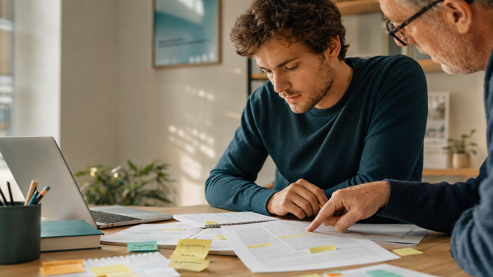 Student prüft mit Mentor die Argumentation einer wissenschaftlichen Arbeit