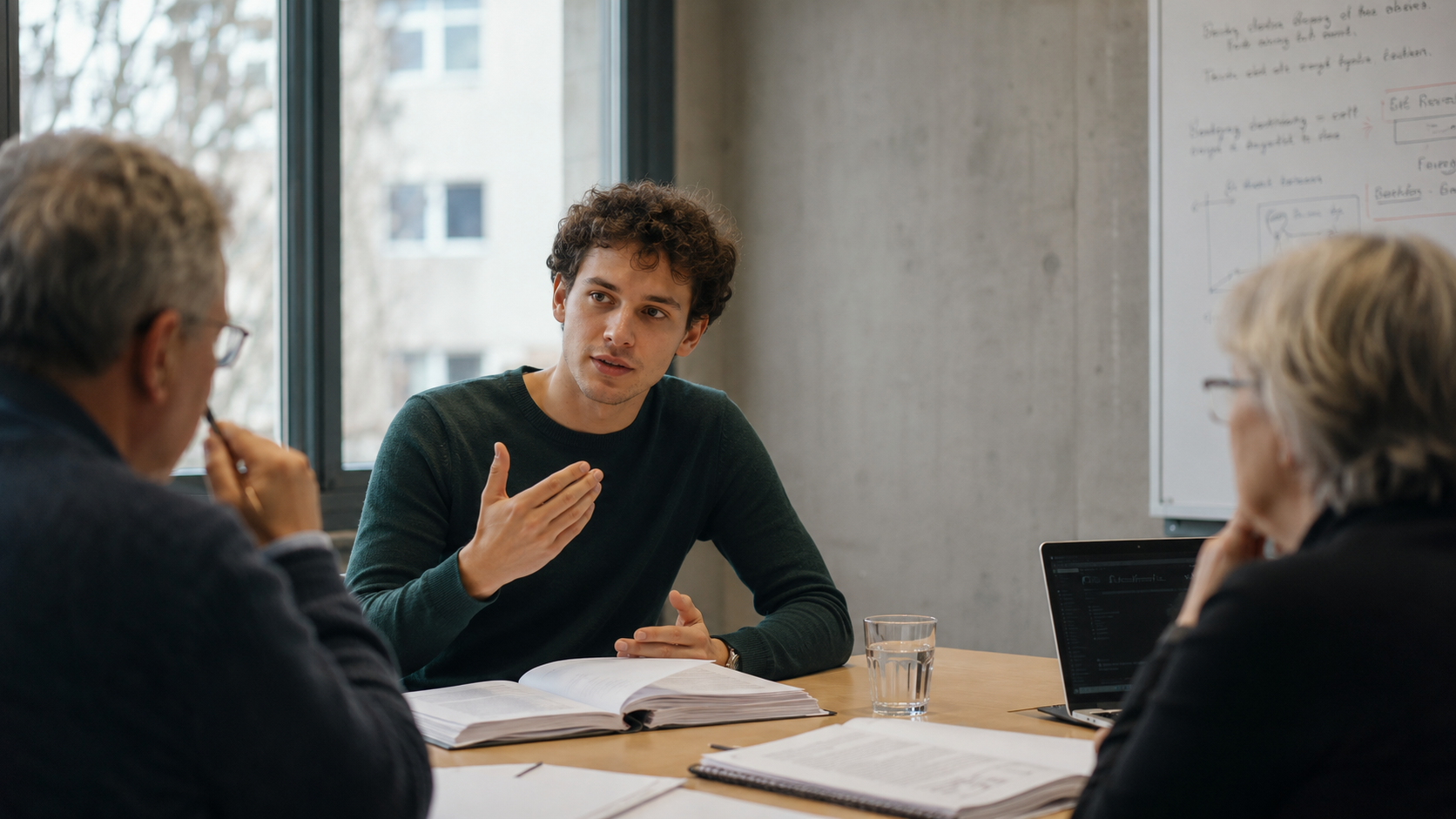 Student verteidigt seine wissenschaftliche Arbeit in einer Kolloquiums- oder Prüfungssituation